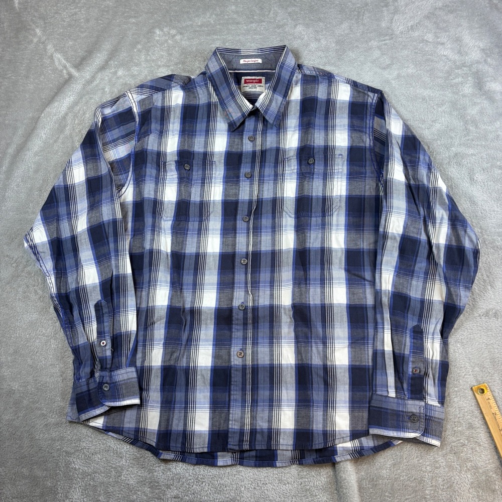Wrangler Shirts Mens 2XL Flex For Comfort Plaid Button Down Blue Stretch